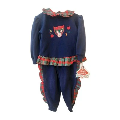 Vtg NOS Hush Puppies School Navy Sweat Suit Plaid Ruffles Shirt Pants Set 3T 90s - Image 1 of 4