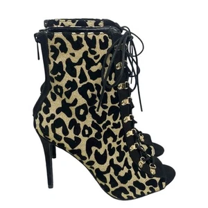 Anne Michelle Metallic Gold & Black Heel Ankle Booties Lace Up Peep Toe Size 7 - Picture 1 of 14