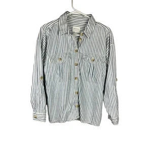 American Eagle Oversize Fit Button Up Shirt Flannel White Blue Stripe Small New - Picture 1 of 5