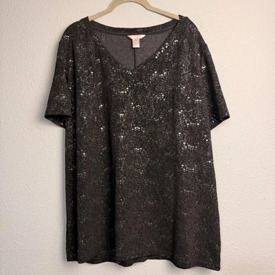 White Stag Shiny Whimsigoth 2X Black Sequins Roses Lace V Neck Short Sleeve Top - Image 1 of 4