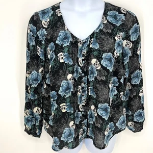 Torrid Skulls and Roses Blue Black Pintuck Georgette Blouse Torrid Size 00 (10) - Picture 1 of 11