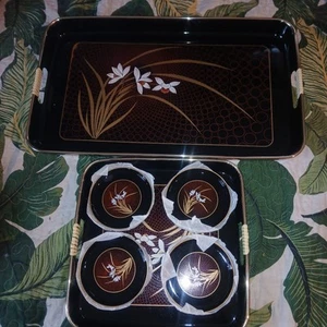Vintage japanische verschachtelte Lackgeschirr Tabletts und Teller 6er Set Blumenmuster - Bild 1 von 7