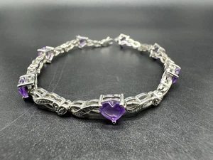 Sterling Silver 925 Amethyst & Diamond Accent Tennis Bracelet 7” - Picture 1 of 9