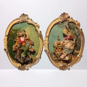 Vintage 3D hängende Bilder Harz Plaketten 16" Italien Mann + Frau Set Wandkunst - Bild 1 von 22