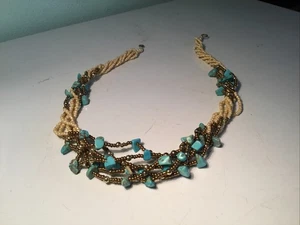 Turquoise & Seed Pearl Multi Strand & Gold Tone Bead 18” Choker Necklace - Picture 1 of 3