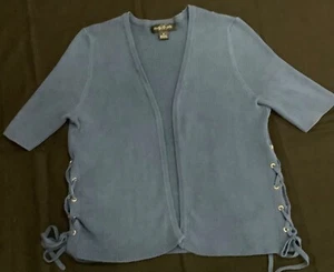 Preown August Silk blu sht-slve cardigan, open, Wom M, coton/nyl VG cond, $3ship - Picture 1 of 6