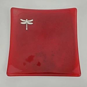 Ruby Red Glass Dish / Plate With Metalic Silver Tone Firefly, 8.75" Square - Picture 1 of 8