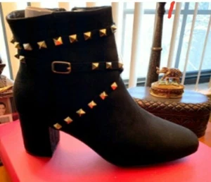 NEW CATHERINE MALANDRINO ROYALIE BLACK ULTRA SUEDE STUDDED BOHO ANKLE BOOTS 38 7 - Picture 1 of 7