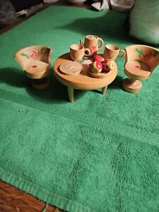 Vintage, Made In Japan (?)  Unmarked, Wooden Table, Chairs, Tea Set...13 Pieces