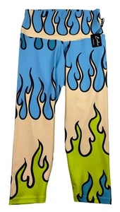 EXOTICATHLETICA Leggings Girl On Fire Yellow Capri High Waist Gym BNWT Size L - Picture 1 of 9