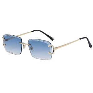 Gafas de sol para hombre sin montura de lujo hip hop corte gema tinte azul marco dorado rectangulares - Imagen 1 de 4