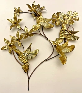 Vintage Mid Century Metal Hummingbird Floral Wall Art Gold Tone 2 Piece 14x13 - Picture 1 of 11