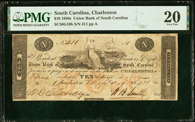 SC $10 CHARLESTON Union Bank of South Carolina 1850s PMG VF20  Haxby SC-50G 10b - Image 1 of 2