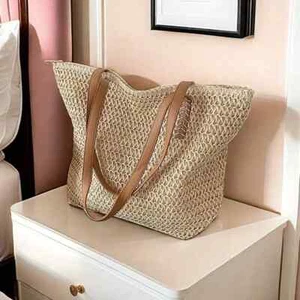 Gewebte Tragetasche Strandtasche Schultertasche mit Reißverschluss Handtasche - Bild 1 von 11