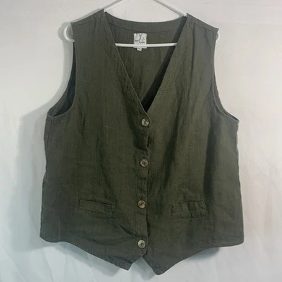Via Via By Polero Army Green 100% Linen Vest Button Up Large Women’s Vtg Boho - Image 1 of 4