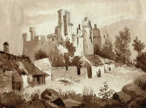 Drawing 19th century Architecture Ruins Castle Landscape Artwork - Picture 1 of 2