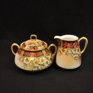 Nippon Maple Leaf Creamer Sugar Lid Hand Painted White Floral Red Gold 1891-1918 - Picture 1 of 12