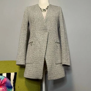 Zara Blue White Tweed Collarless Long Blazer Jacket - Picture 1 of 6
