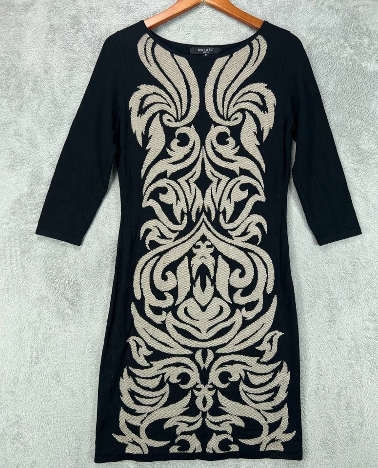 NINE WEST Black Ribbed Knit Dress Size XS Womens Black Sweater Dress Tan Demask - image 1 of 4