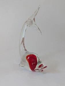 Kunstglas Fisch Skulptur klar mit rotem Wirbel mundgeblasen Figur Murano Stil - Bild 1 von 14