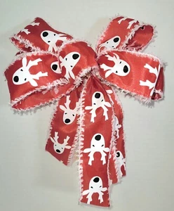 HANDMADE CHRISTMAS WREATH BOW RED WITH WHITE REINDEER LANTERN BOW 7" TREE BOWS - Picture 1 of 5