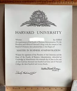 HARVARD MBA Degree Vintage Diploma 1960 - Picture 1 of 5