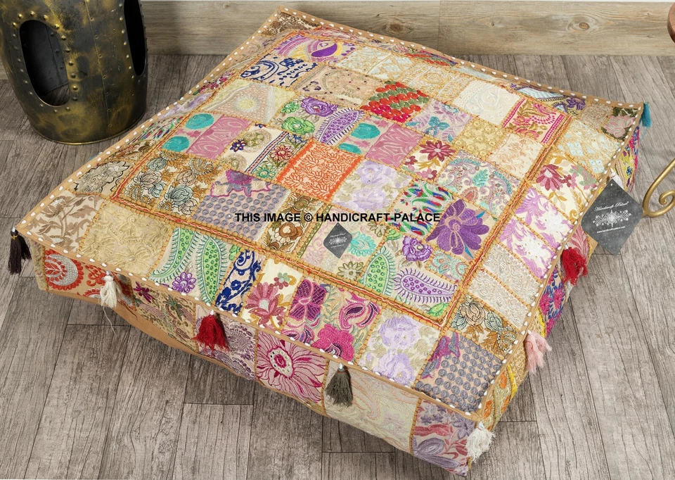 Puf otomano de piso grande de 35" con retazos funda de almohada cuadrada para mascotas perros cama Foto 1 de 4