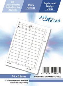 Klebeetiketten DIN A4 weiß 70x22mm (Laser Inkjet Kopierer) 1000 Blatt - Bild 1 von 1