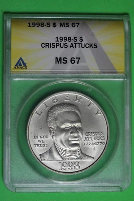 1998-S ANACS MS67 Crispus Attucks Modern Silver Commemorative $1 #B37488 - Image 1 of 2
