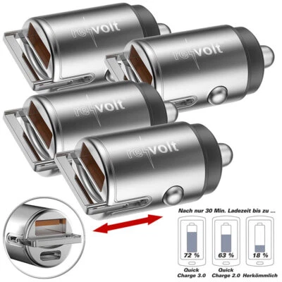 revolt 4er-Set Micro-Kfz-Schnell-Ladegeräte mit USB-C PD & USB-A QC, bis 65 W - Bild 1 von 4