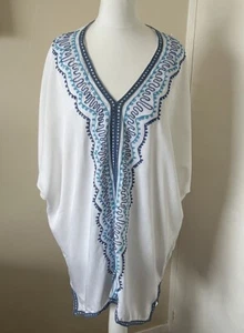 Oversize white with blue embroidery Cotton Top Coverup Size Small - Picture 1 of 11