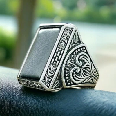 Onice Nera Anello, Mano Inciso 925 Anello Argento Sterling, Turkish Onice Anello - Immagine 1 di 3