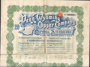 Titre 20 actions: PENN-WYOMING Copper Cy (WYOMING USA) (Q) - Picture 1 of 1