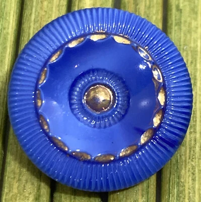 Vintage Periwinkle Glass Button Self Shank Gold Accents Relief 11/16" - Image 1 of 4