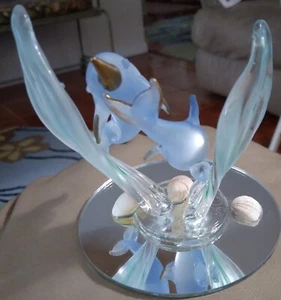 Pair of Jumping Dolphins on Mirror Base Glass Art Figurine Sea & Life Decoration - Picture 1 of 2