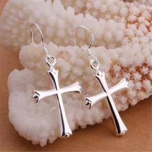 925 Sterling Silver Cross Dangle Drop Hook Hoop Earrings Men Women E37 - Picture 1 of 6