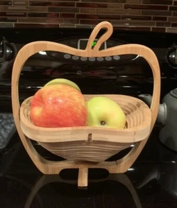 Apple Shaped Folding Collapsible Wooden Basket Fruit Bowl Trivet Fruit Bowl - Picture 1 of 5
