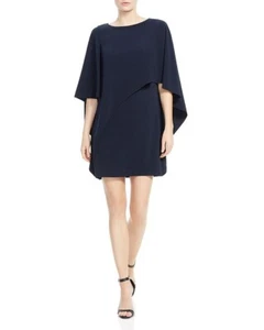 Halston Heritage Asymmetric Drape Cape Dress Size 14 Navy Crepe Capelet Sleeve - Picture 1 of 13