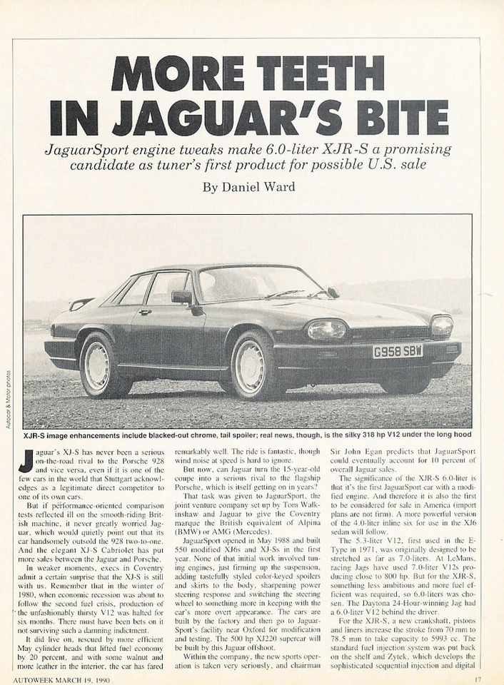 1990 Jaguar XJR-S 6.0 litre- Classic Original Car Original Print Article J122 - Image 1 of 1