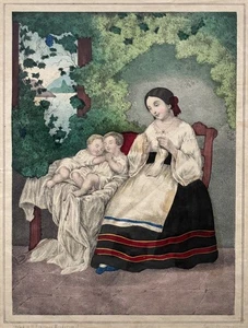 Zwilllinge Lithographie handkoloriert Familie Kinder Mutter Alltag Szene 19. Jh. - Bild 1 von 7