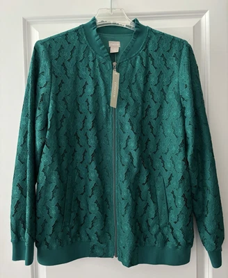 NWT Chico’s Lined Lace Jacket Size 2 L (12-14) Teal Bomber Style Pockets NEW - Image 1 of 4