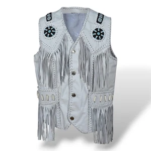 Native American Style Leather Vest Men's Cowboy Fringe Beaded Suede Jacket - Picture 1 of 4