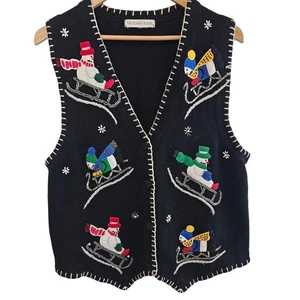 Vintage Victoria Jones Sweater Vest Women XL Black Christmas Snowman Knit 90s - Picture 1 of 9