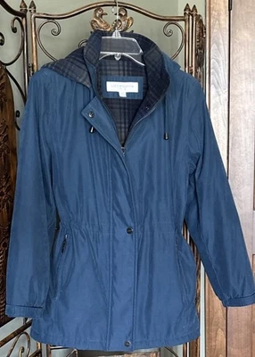 Vintage 90’s Liz Claiborne Blue Parka Jacket W/Detachable Hood Plaid Lining PM - Image 1 of 4