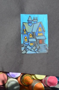 ACEO Original Art Blue haunted House Horror Mixed Media Not a print - Bild 1 von 3