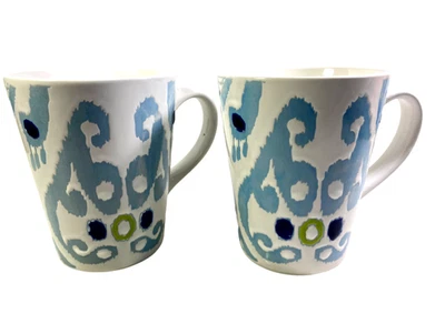 Rachael Ray Blue IKAT  Coffee Mugs Set of 2 Hand Painted Embossed Finish  12  Oz - Image 1 of 4