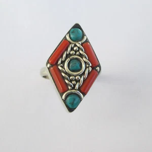 Anillo Tibetano Plata Turquesa Rojo Coral Joyería Original Ajustable Unisex R62 - Imagen 1 de 7