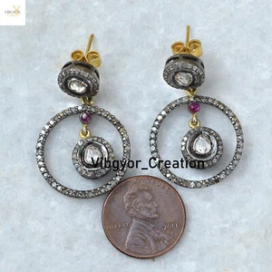 Pave Diamond Dangle Earrings 925 Sterling Silver Ruby Polki Women Earrings Gift - Picture 1 of 4