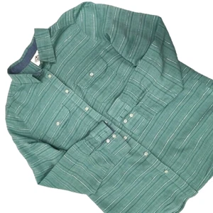 St Johns Bay Womens Top M Green Metallic Stripe Long Sleeve Button Up - Picture 1 of 14