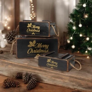 Rustic Vintage Black Merry Xmas Boxes Wooden Gift Display Storage Crate Set 3 - Picture 1 of 6